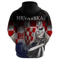 Black zip hoodie back view with HRVATSKA text, warrior shield and checker pattern