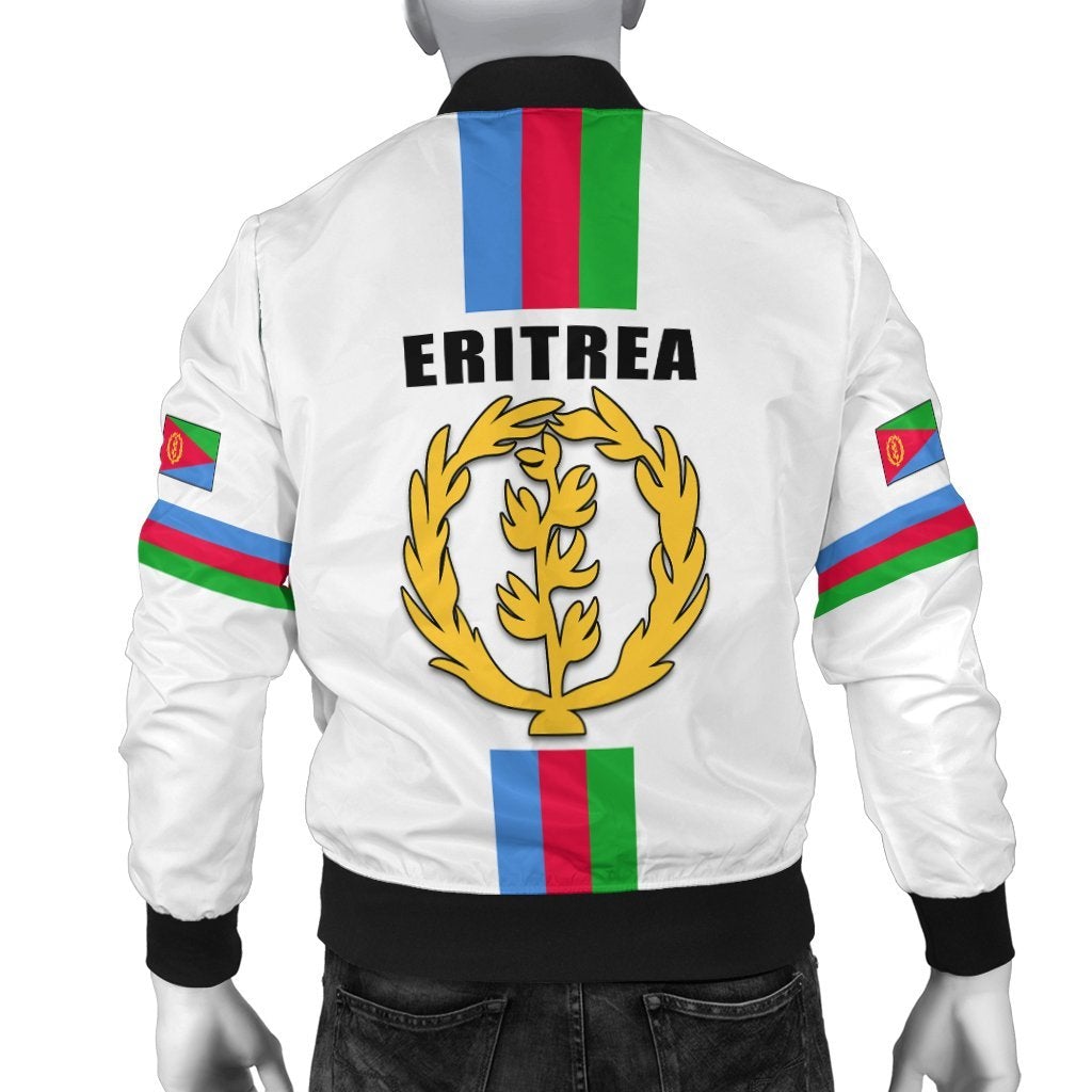 Eritrea bomber jacket back with large laurel emblem, ERITREA text, black rib hem.