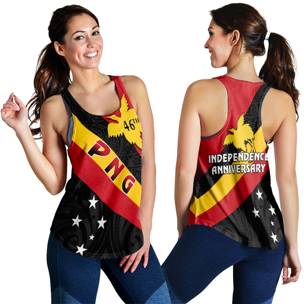 Red racerback tank with 46th Independence Anniversary Papua New Guinea graphic on front