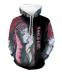 Multicolor pullover hoodie with Native-style girl graphic and vertical 'March Girl' text