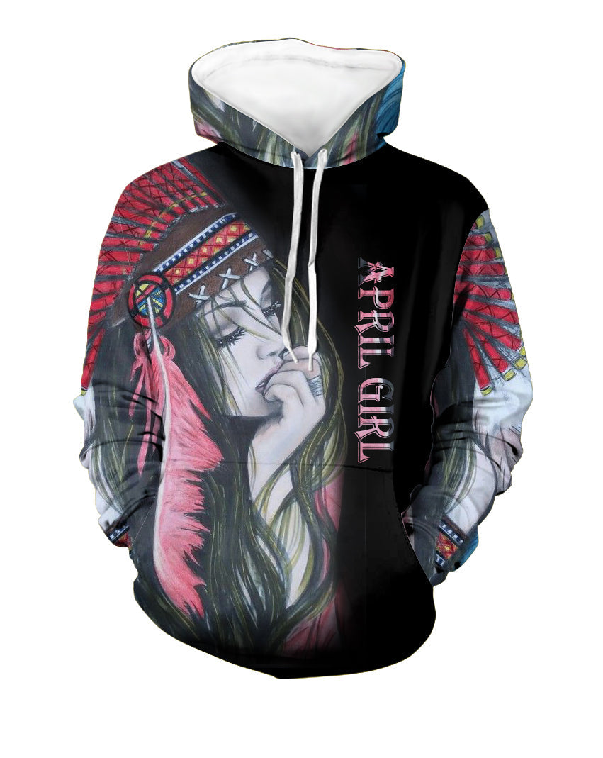 Black pullover hoodie for girls, multicolor Native girl graphic, hood with drawstrings