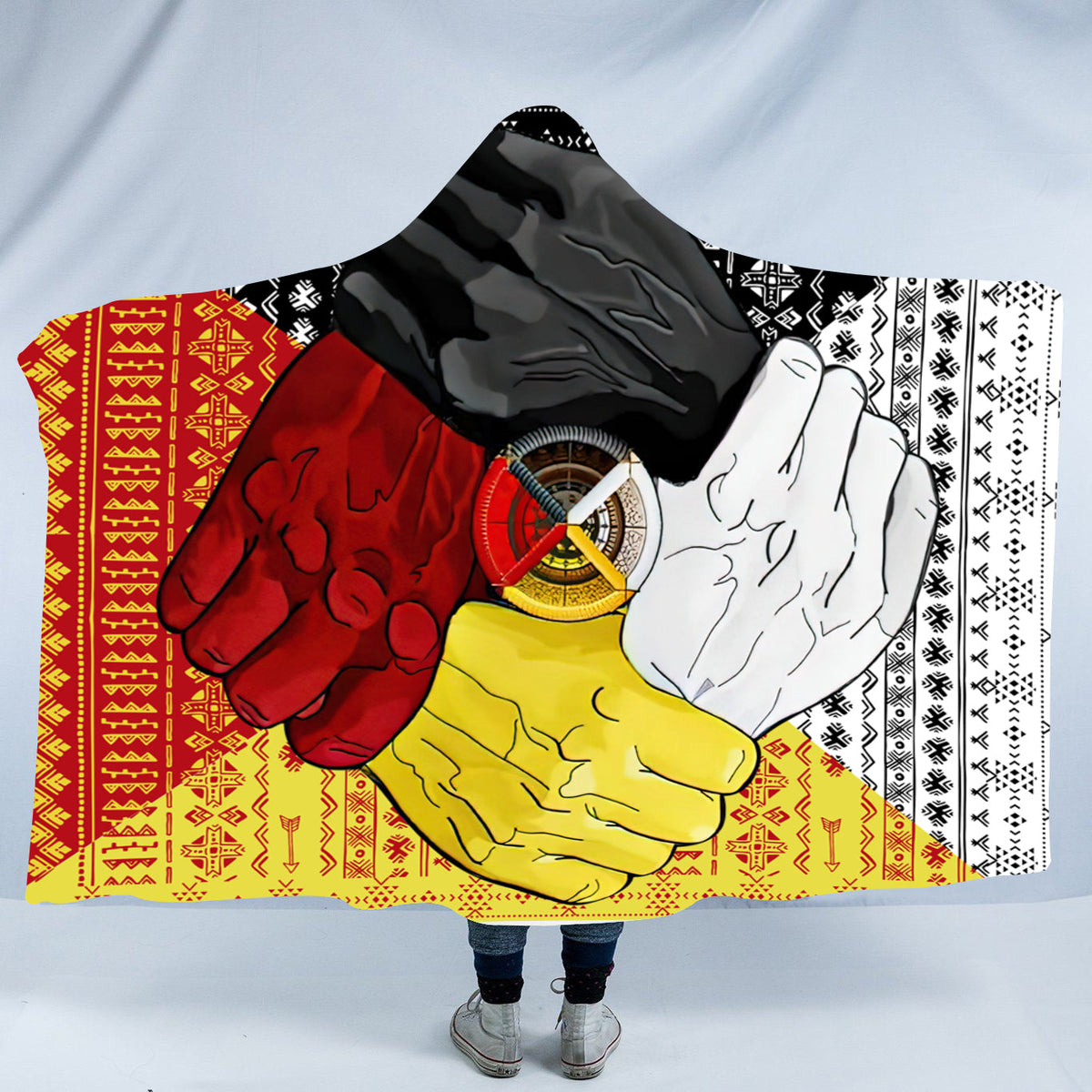 Multicolor hooded blanket with Native American medicine wheel and patterned hood