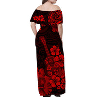Long off-shoulder dress with red floral and ukulele-themed border print