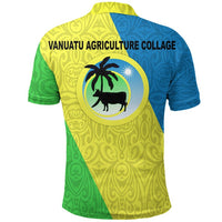 Back of blue yellow green Vanuatu agriculture collage polo with large text and bull emblem