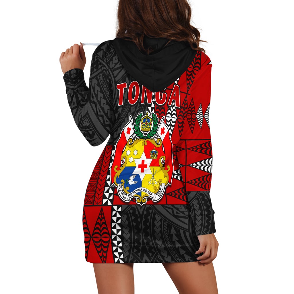 Back view of red, black & white Tonga crest hoodie dress with large 'TONGA' print