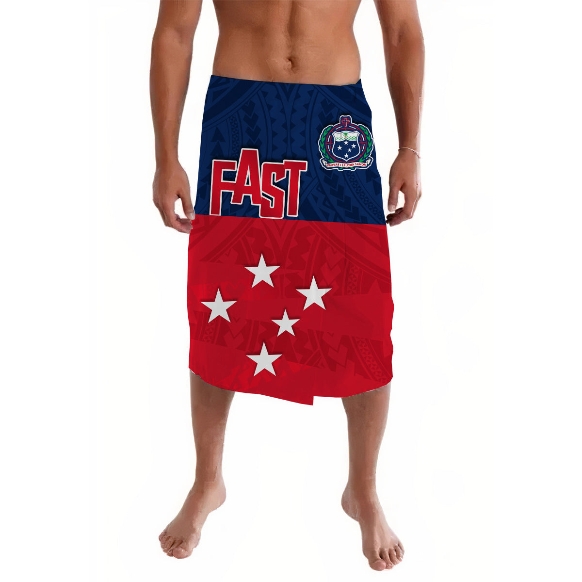 Red and blue Polynesian lavalava wrap with FAST logo and white stars