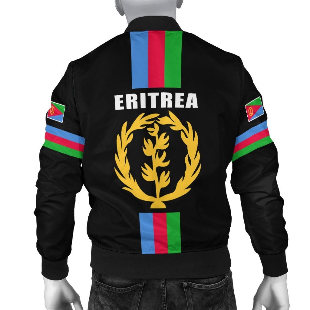 Black bomber jacket back print: ERITREA text, gold emblem, Eritrea flag stripe