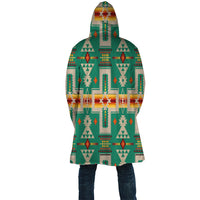Unisex hooded cloak jacket back, green multicolor geometric print, long hem