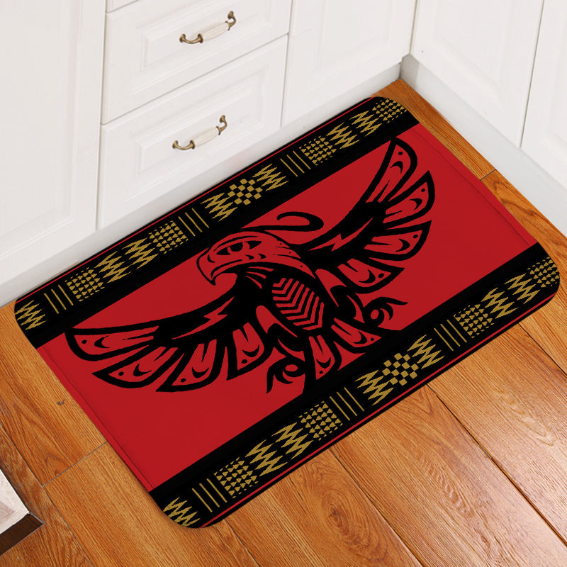 Red phoenix native American doormat with black and gold geometric border