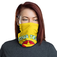 Yellow Grenada bandana with star emblem and “OUR TEX...” print, worn over face