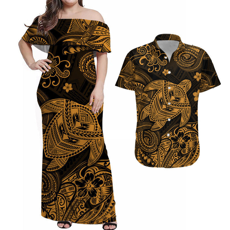 Gold off-shoulder maxi dress with turtle, floral and tribal swirl pattern; matching shirt
