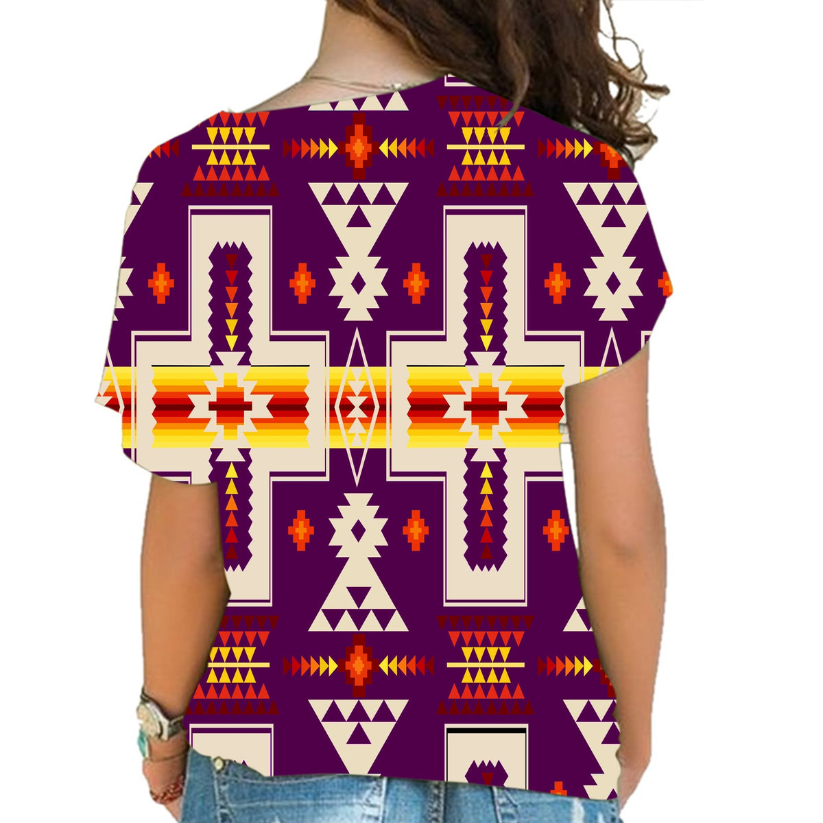 Back of purple cross-shoulder shirt with colorful native geometric cross pattern