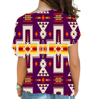 Back of purple cross-shoulder shirt with colorful native geometric cross pattern