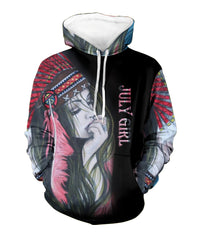 Kids multicolor 3D Native American girl pullover hoodie, black base, front face graphic