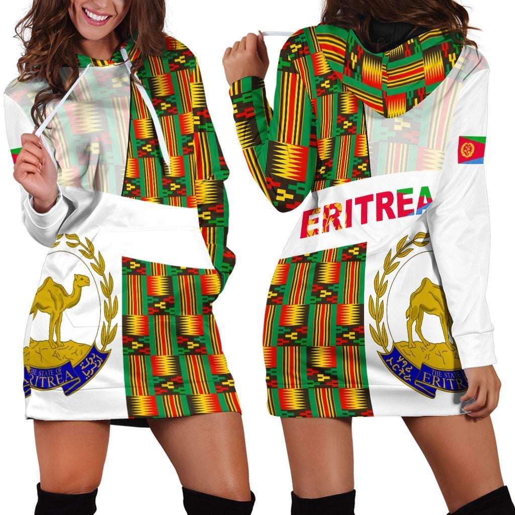Kente hoodie dress, white with Eritrea text band, multicolor panel and animal crest