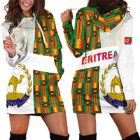 Kente hoodie dress, white with Eritrea text band, multicolor panel and animal crest