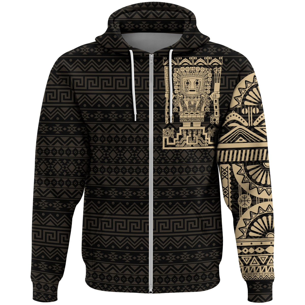 Zip hoodie with tribal geometric tattoo print, dark base and tan accents, front view