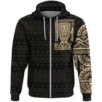 Zip hoodie with tribal geometric tattoo print, dark base and tan accents, front view