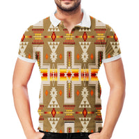 Adult polo shirt front view in light brown with multicolor geometric native tribe design