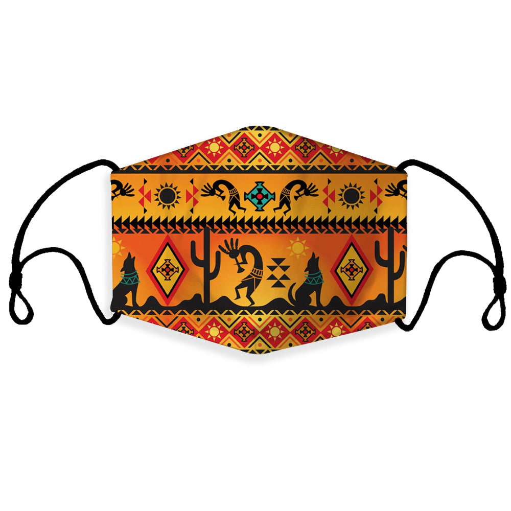 3D face mask with yellow tribal geometric print and black ear loops