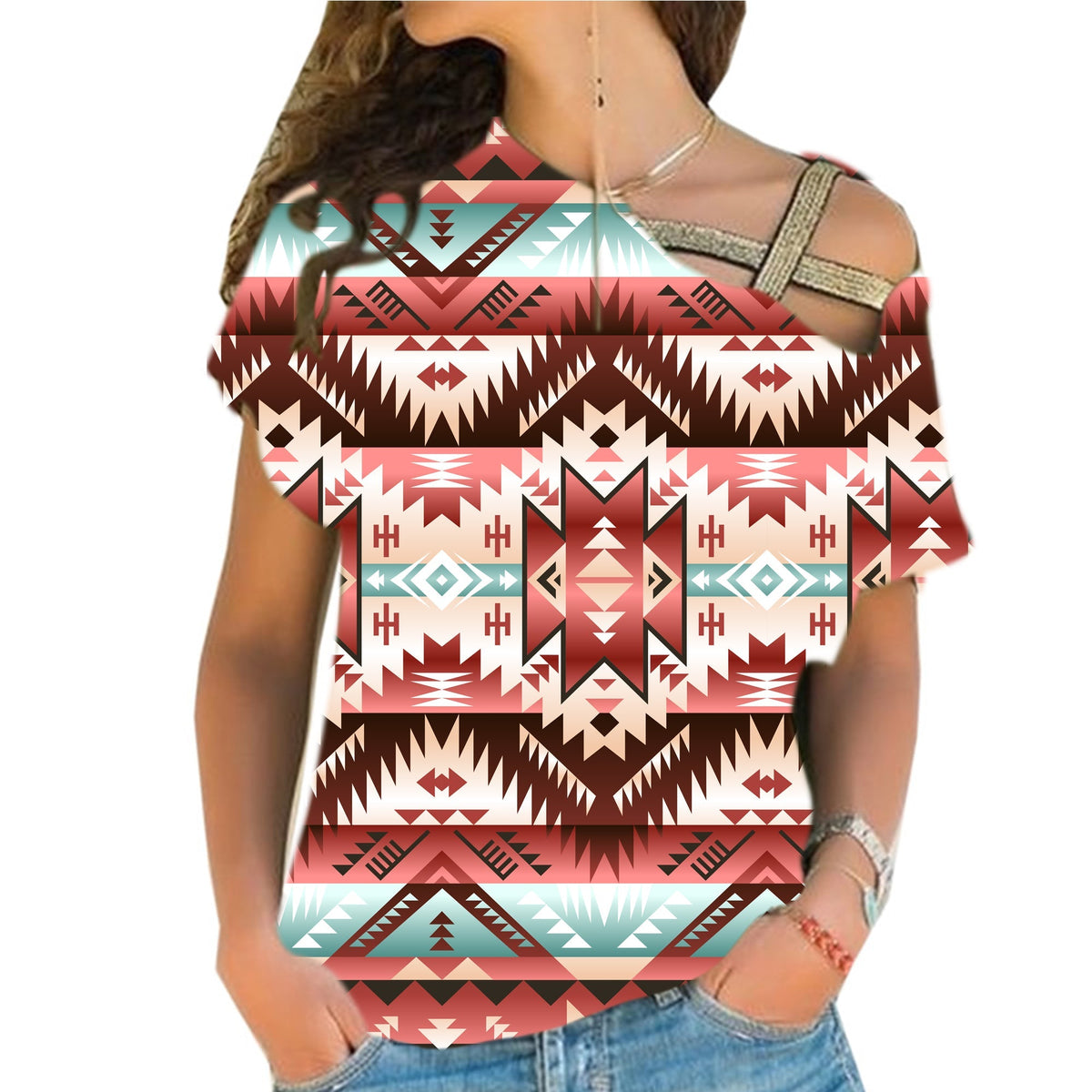 Multicolor native cross-shoulder shirt with bold geometric pattern