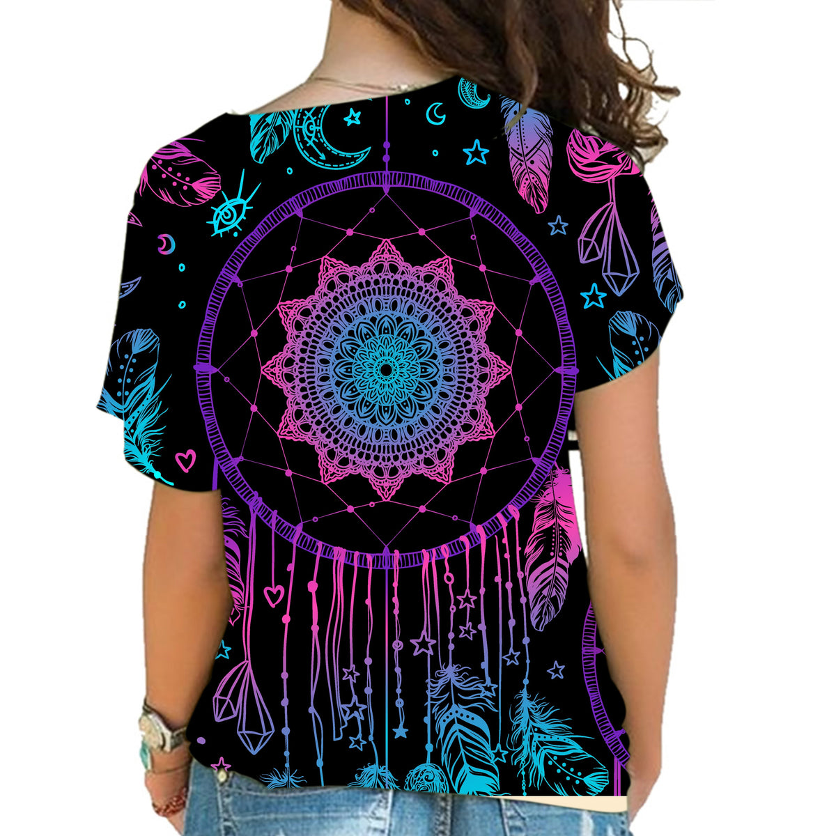 Back of multicolor dreamcatcher cross-shoulder shirt, circular purple-blue graphic with drips