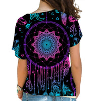 Back of multicolor dreamcatcher cross-shoulder shirt, circular purple-blue graphic with drips