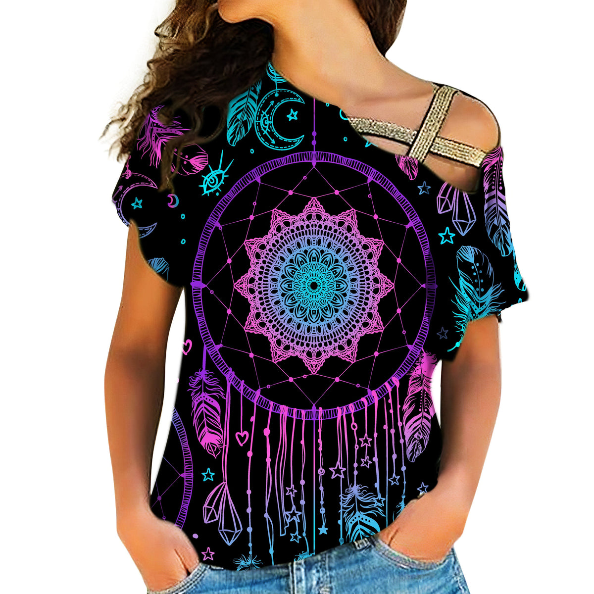 Dreamcatcher cross-shoulder shirt in multicolor with large circular mandala graphic