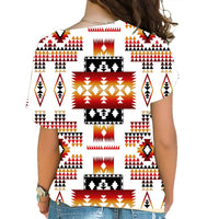 Women’s cross-shoulder shirt back view, white base with multicolor tribal print