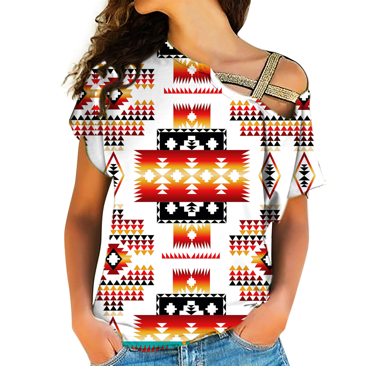 Women’s cross-shoulder shirt, white base with multicolor geometric tribal pattern