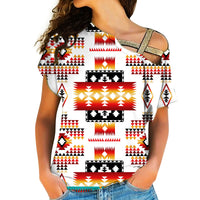 Women’s cross-shoulder shirt, white base with multicolor geometric tribal pattern