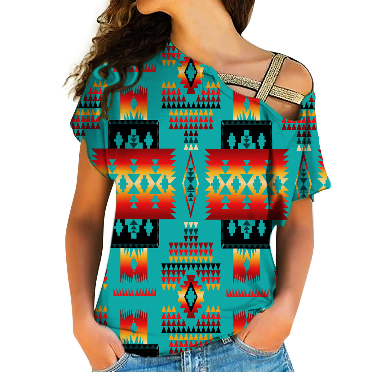 Blue cross-shoulder top with multicolor Native pattern, short sleeves