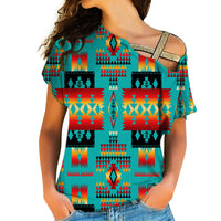 Blue cross-shoulder top with multicolor Native pattern, short sleeves