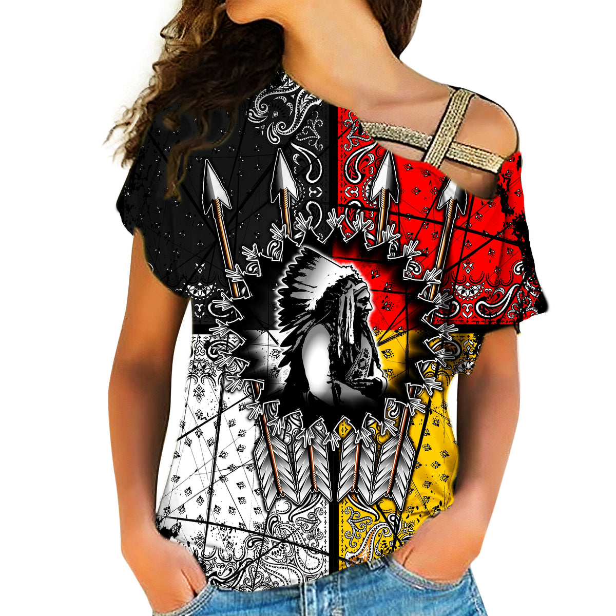 Cross-Shoulder T-Shirt Damen mit Pfeil-Indianer-Motiv, schwarz/rot/gelb