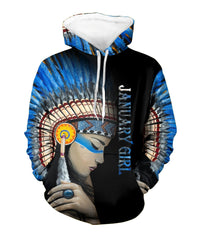 Multicolor pullover hoodie with black base and large Native American girl headdress print