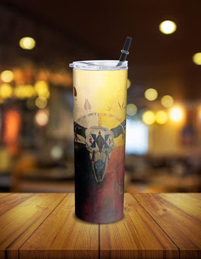 Skinny stainless tumbler with lid and straw, multicolor Native American bison wheel design