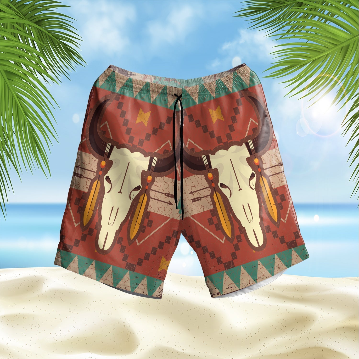 native-american-bison-skull-hawaiian-shorts