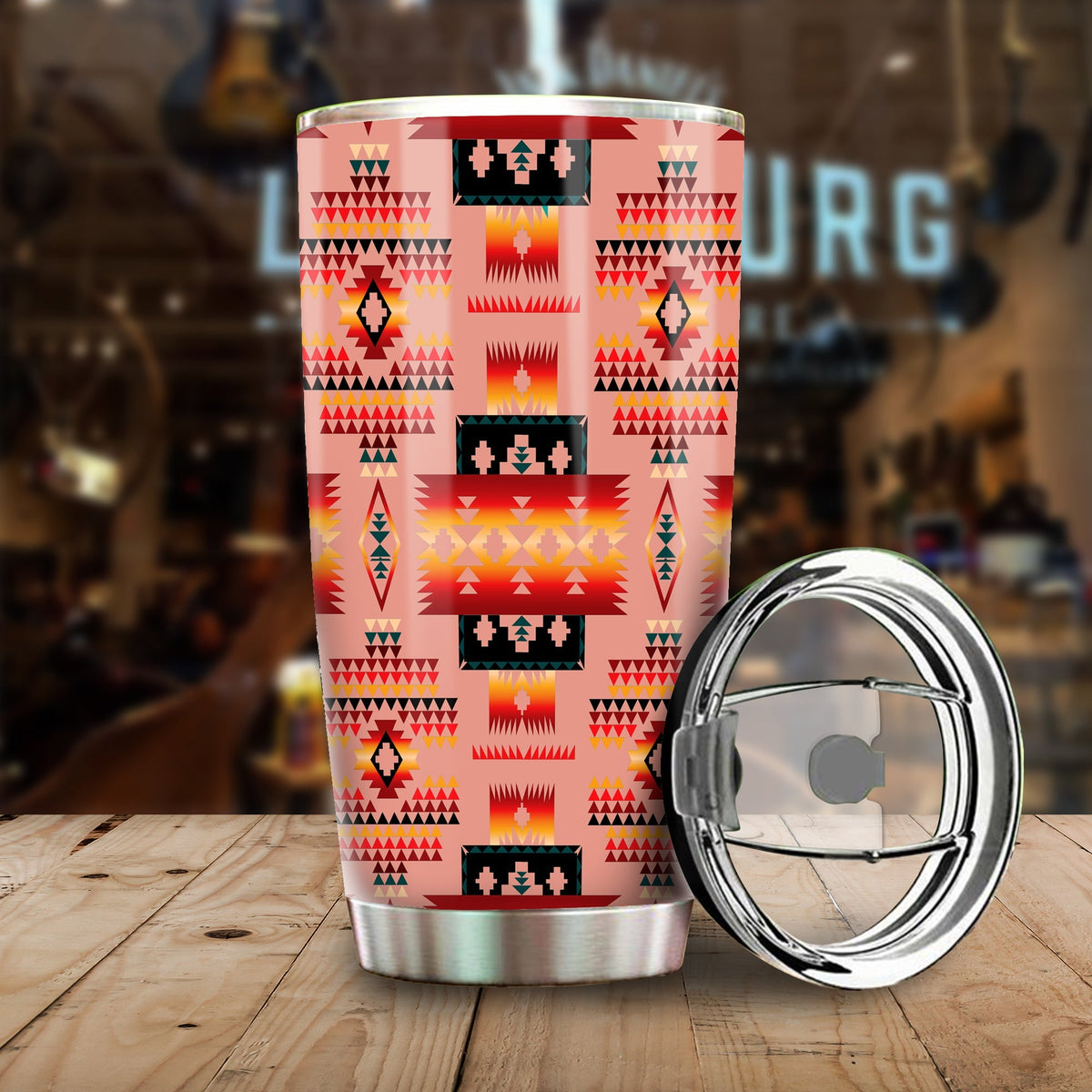 20oz insulated tumbler, colorful Native American pattern, stainless rim and flip lid
