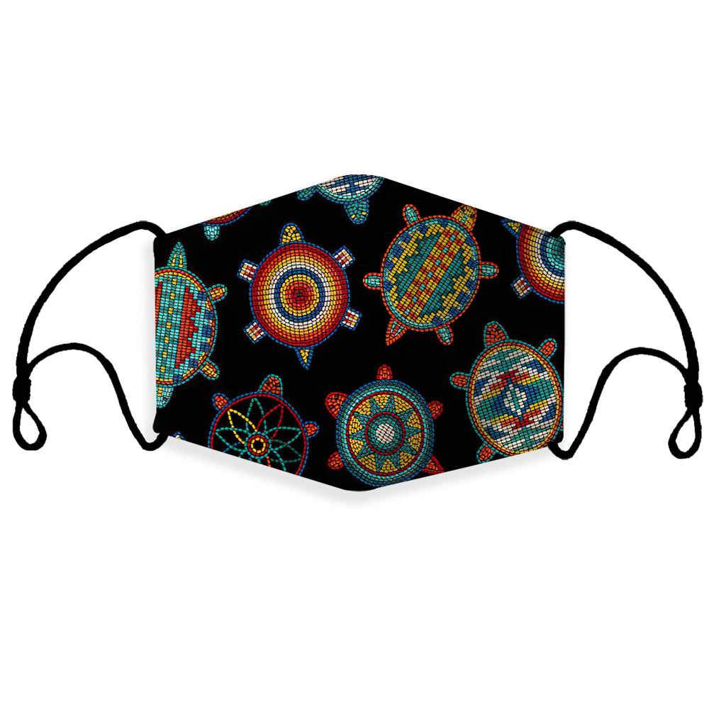 Mini black face mask with 3D turtle print, colorful native-style geometric patterns, ear loops