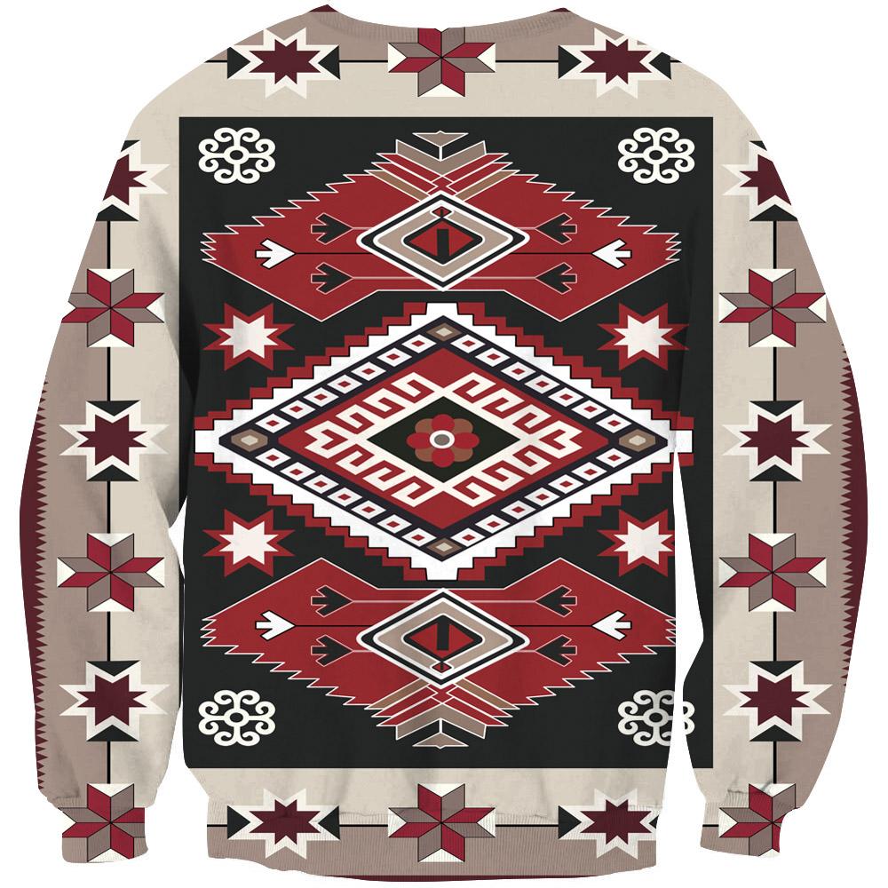 Unisex sweatshirt, full front tribal diamond and star pattern in red, black, white
