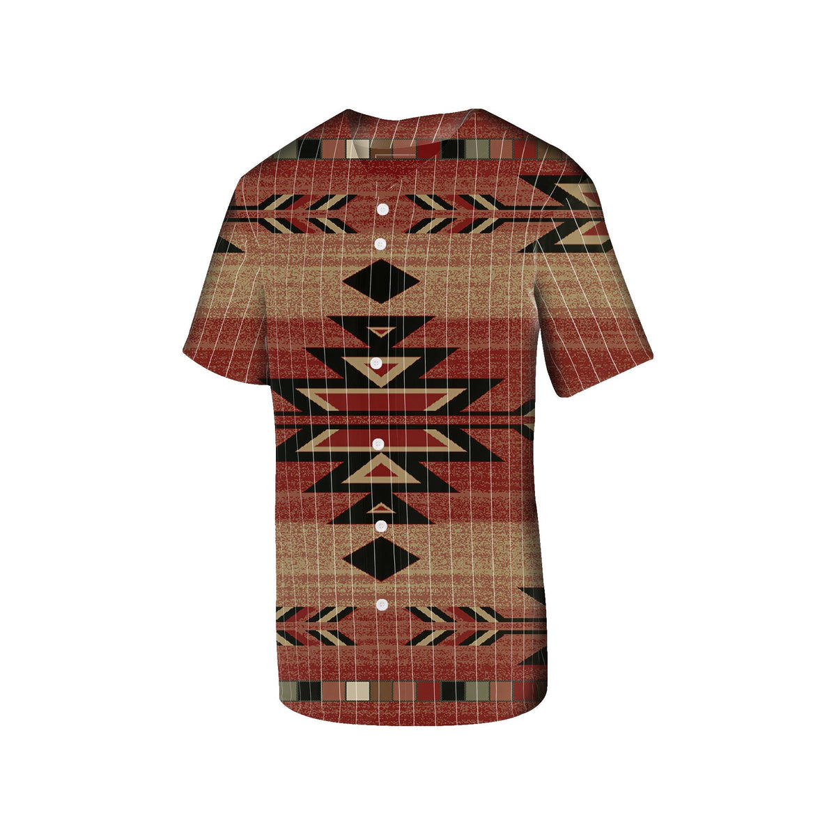 Red baseball jersey with geometric native-style pattern, button front, short sleeves