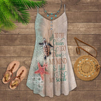 Summer dress with spaghetti straps, button placket, ocean-themed sea turtle and starfish