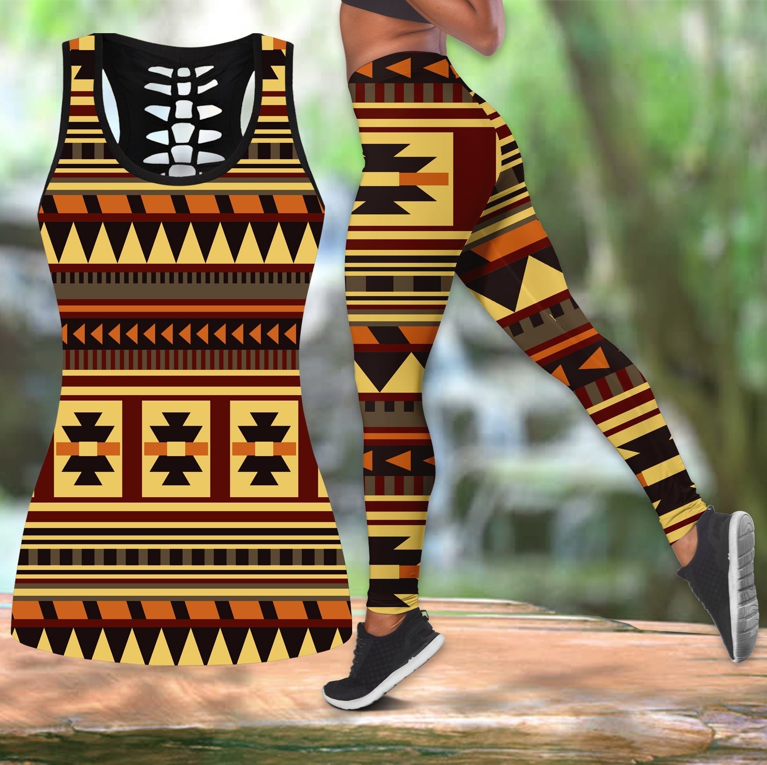 native-american-brown-ethnic-pattern-hollow-tanktop-leggings-set