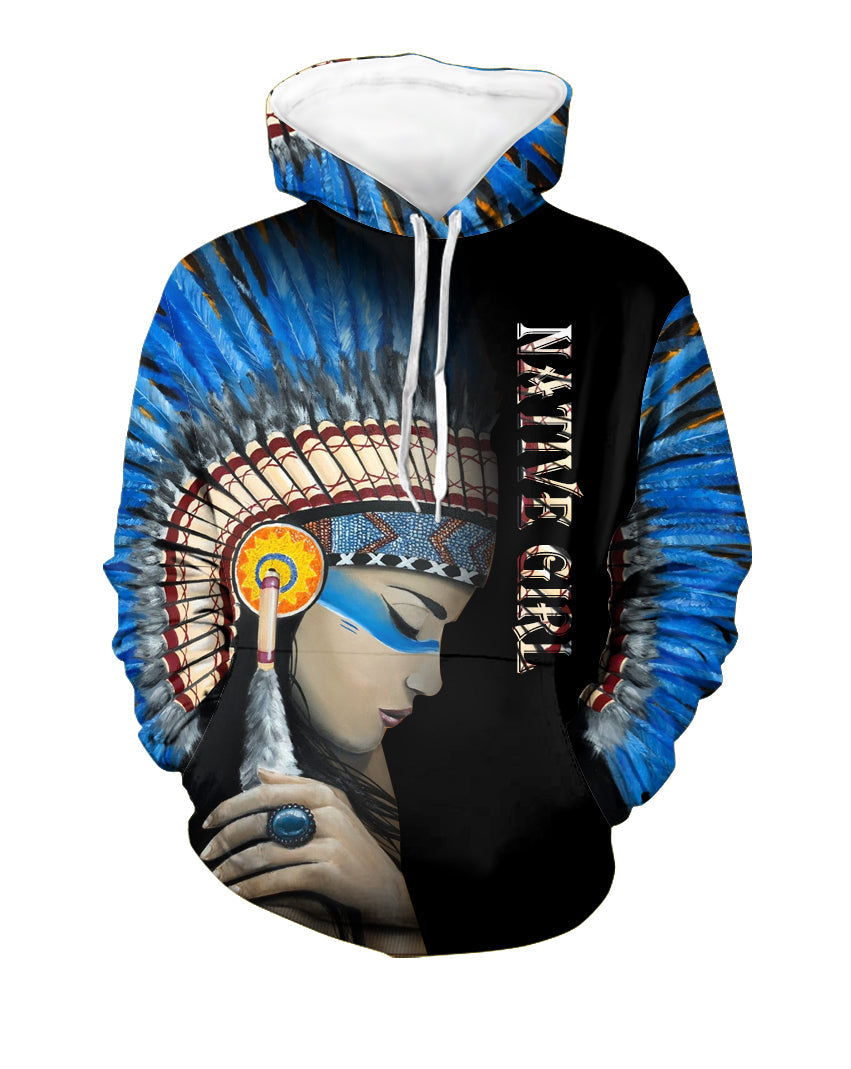 Multicolor pullover hoodie with native girl face graphic and headdress on black and blue