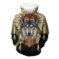 Multicolor 3D wolf pullover hoodie with feather headdress graphic, front view