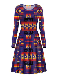 Dark purple long-sleeve dress with multicolor native pattern, scoop neckline