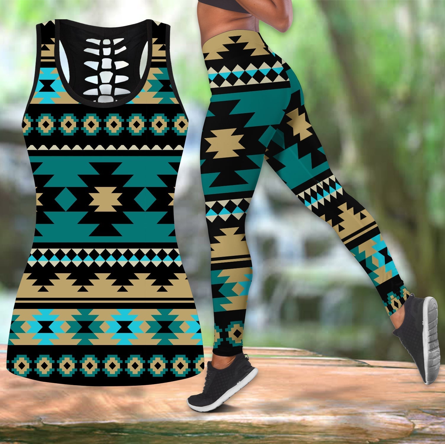 native-american-green-ethnic-aztec-pattern-hollow-tanktop-leggings-set