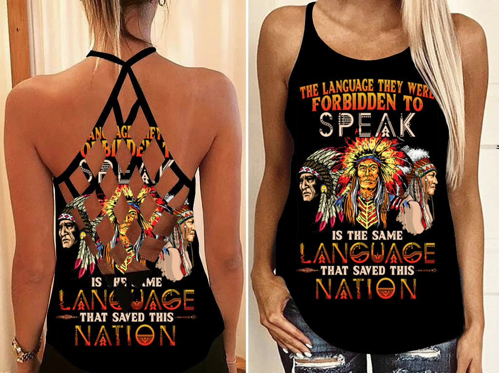 Women’s black criss-cross back tank with multicolor Native American graphic front