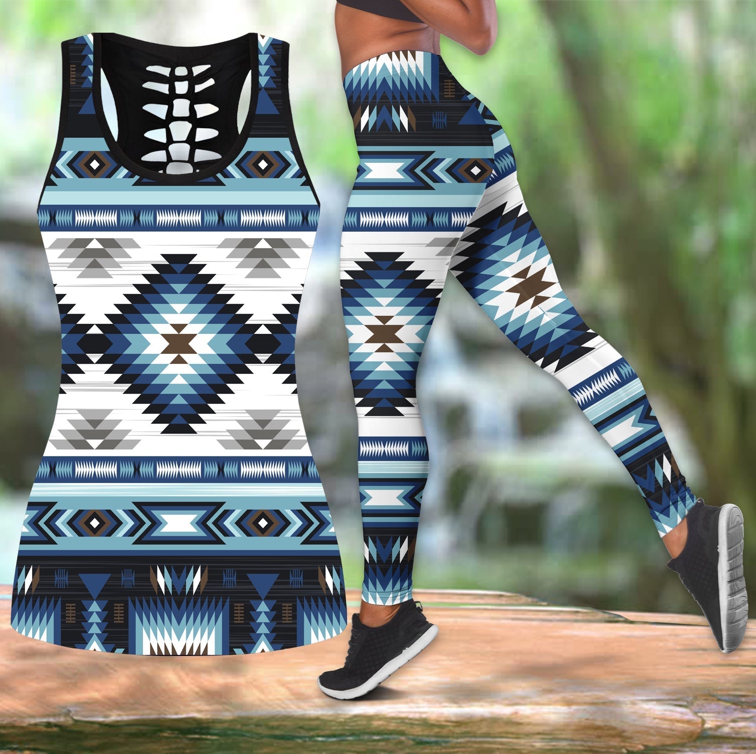 native-american-blue-colors-pattern-hollow-tanktop-leggings-set