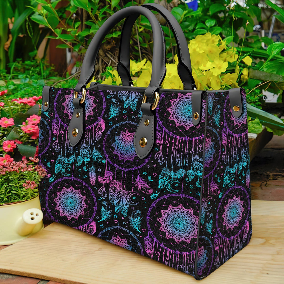 Multicolor dreamcatcher pattern leather tote bag with black handles and gold studs